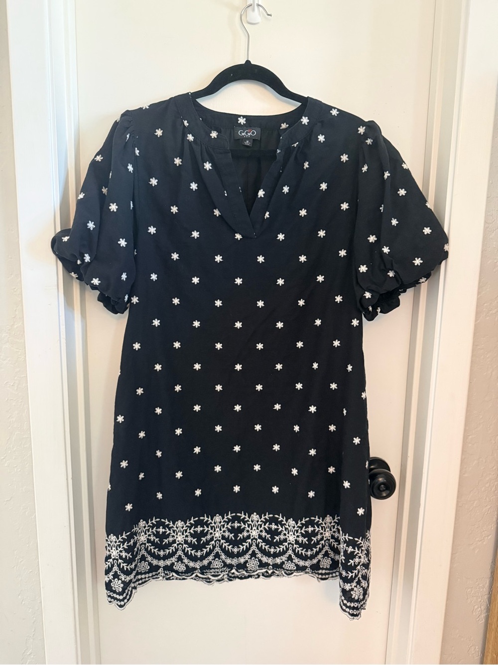 GOGO Black Tunic Dress with White Embroidered Accents
